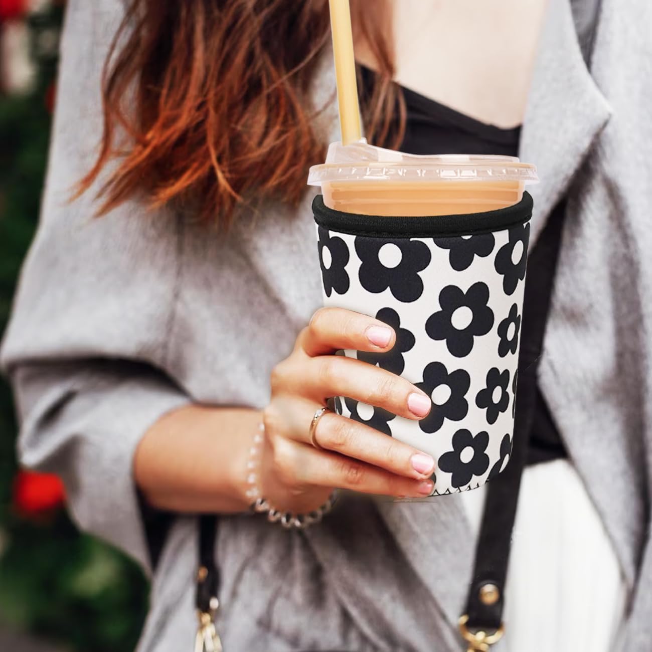 Reusable Insulated Neoprene Iced Coffee Cup Sleeve, Durable Drink Sleeve for Cold Beverages, Beverage Holder for Iced Coffee, Black Flowers