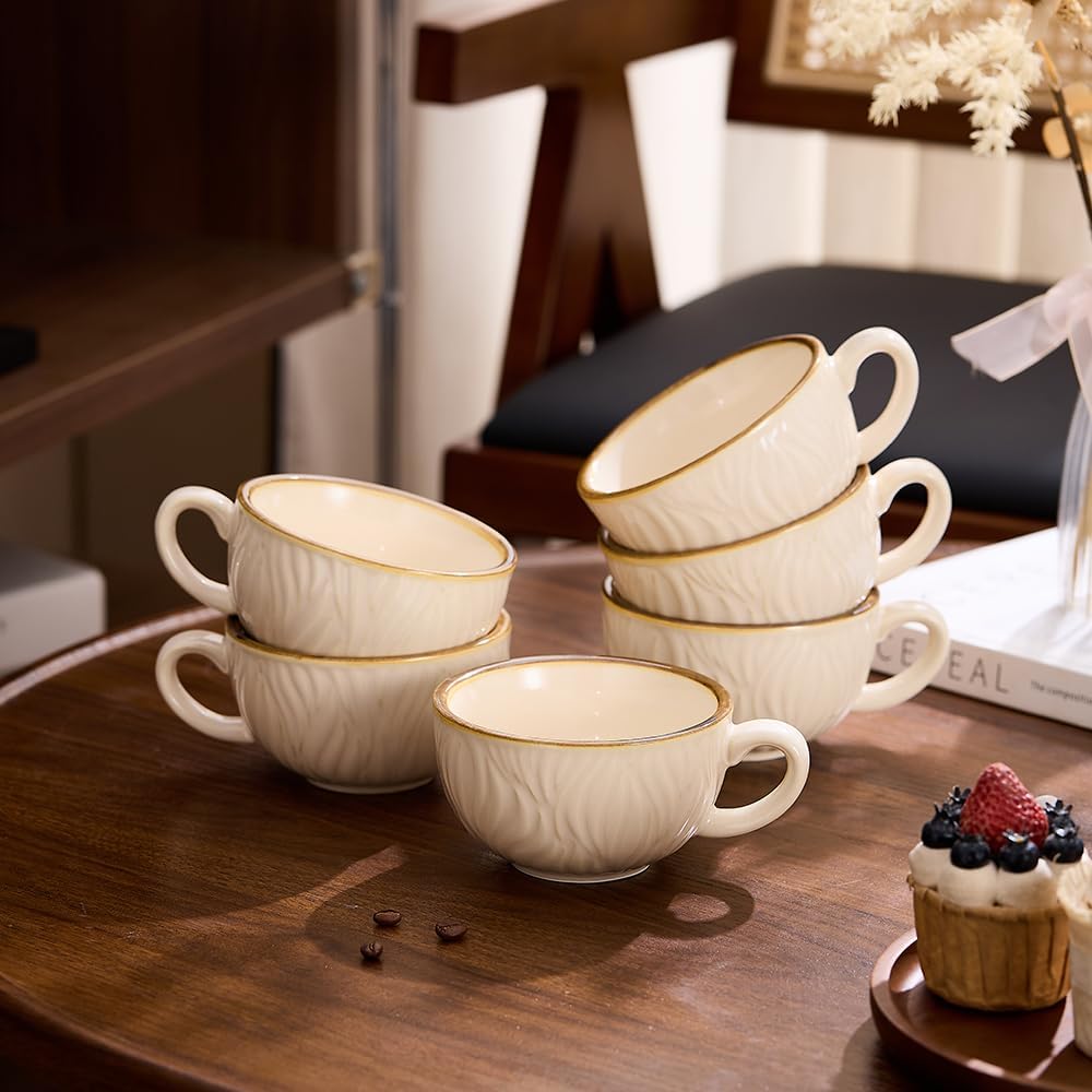 Set of 6 Vintage Design 12 oz Professional Barista Ceramic Latte Art Cappuccino Cups Set (Wave Beige)