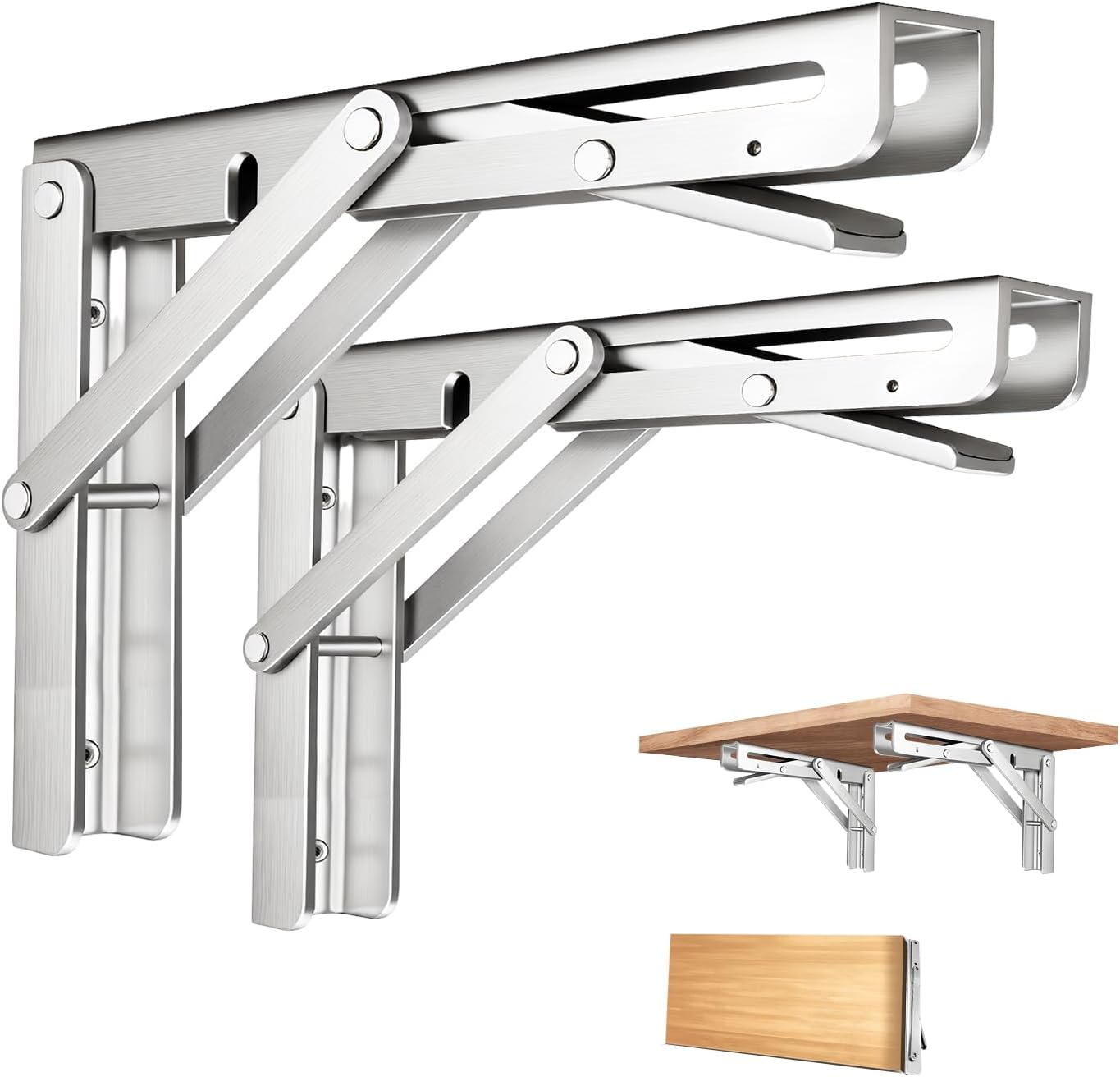 10 Inch Folding Shelf Brackets, 2 Pack Collapsible Heavy Duty Shelf Brackets for Fold Down Desk, Stainless Steel