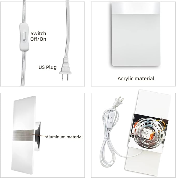 KICAAO Wall Sconces, Modern Wall Sconce Plug in 10W 6000K Cool White Acrylic - Image 6