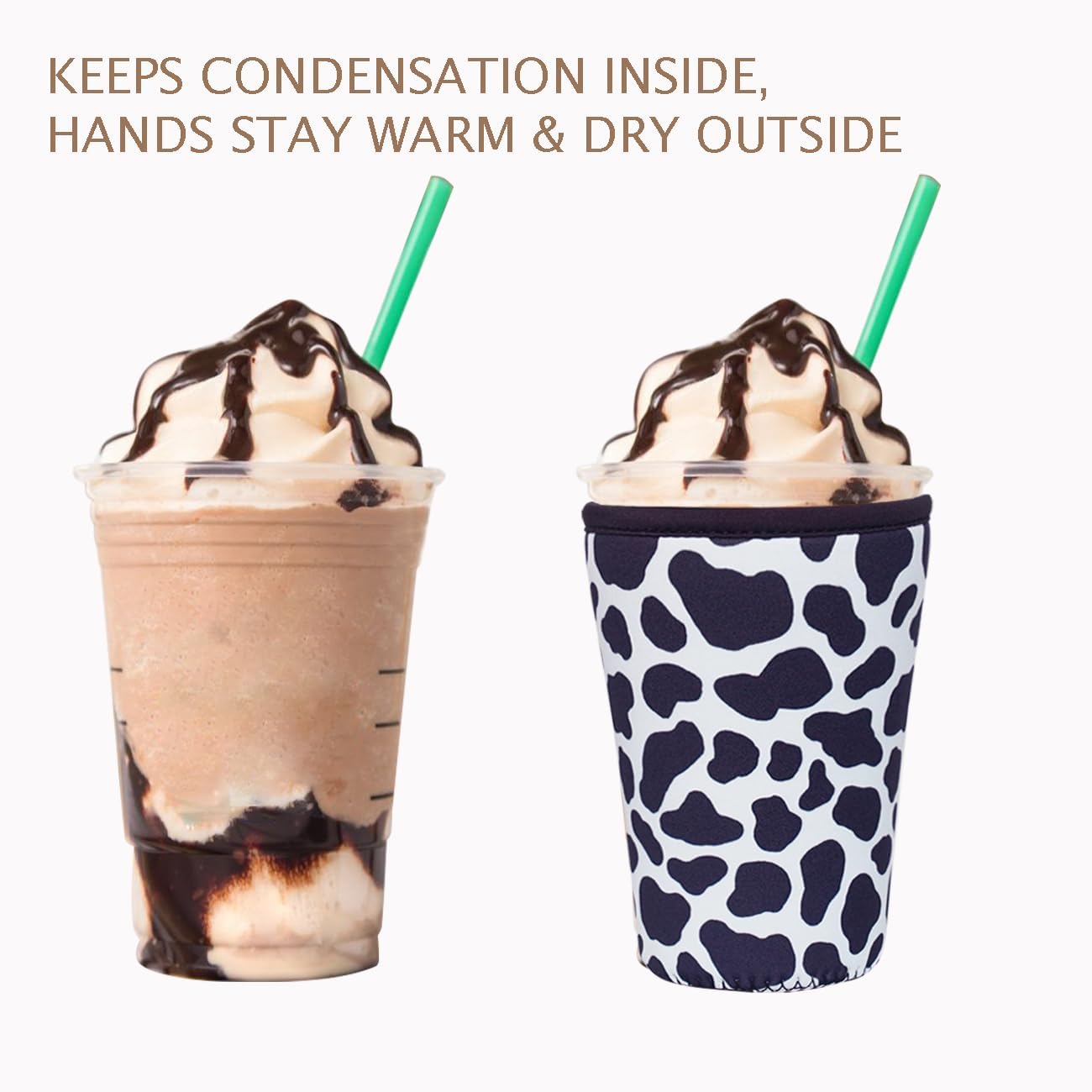Reusable Insulated Neoprene Iced Coffee Cup Sleeve, Durable Drink Sleeve for Cold Beverages, Beverage Holder for Iced Coffee, Cowprint Chic
