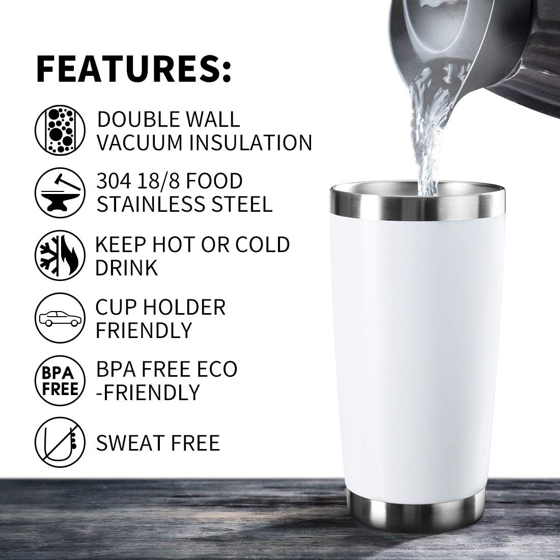 20oz Tumbler Bulk Stainless Steel Vacuum Insulated Tumblers with Lid Double Wall Travel Mug Durable Powder Coated Coffee Cup, Suitable for Ice Drinks and Hot Beverage (White 1pack)