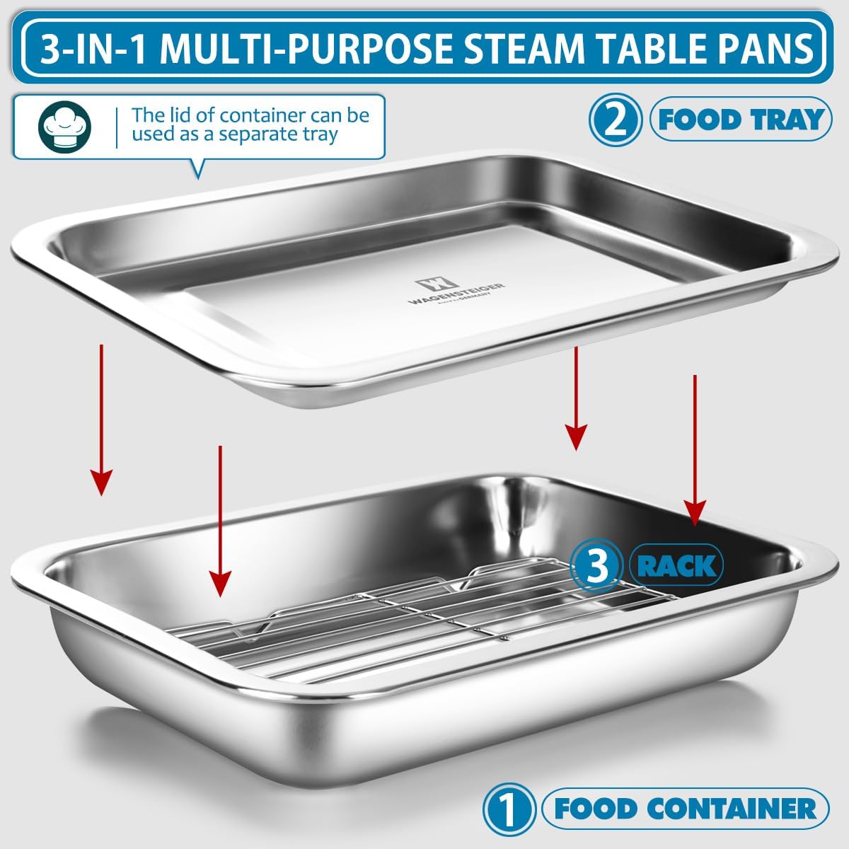 Stainless Steel Food Prep Container with Rack & Lid (Tray), 3.7Quarts, Catering Pans, Restaurant Pans, Buffet Party Pan, Roasting Pan with Rack, Bakeware Roaster, Casserole (1304 / No4)