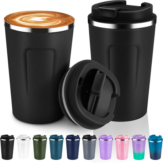 Volhoply 12 oz Double Wall Insulated Vacuum Travel Coffee Mugs with Flip Lid Bulk 2 Pack,Reusable Stainless Steel Leak Proof Coffee Cup,Portable Cafe Thermal Tumbler for Hot & Cold Drinks(Black,2 Set)