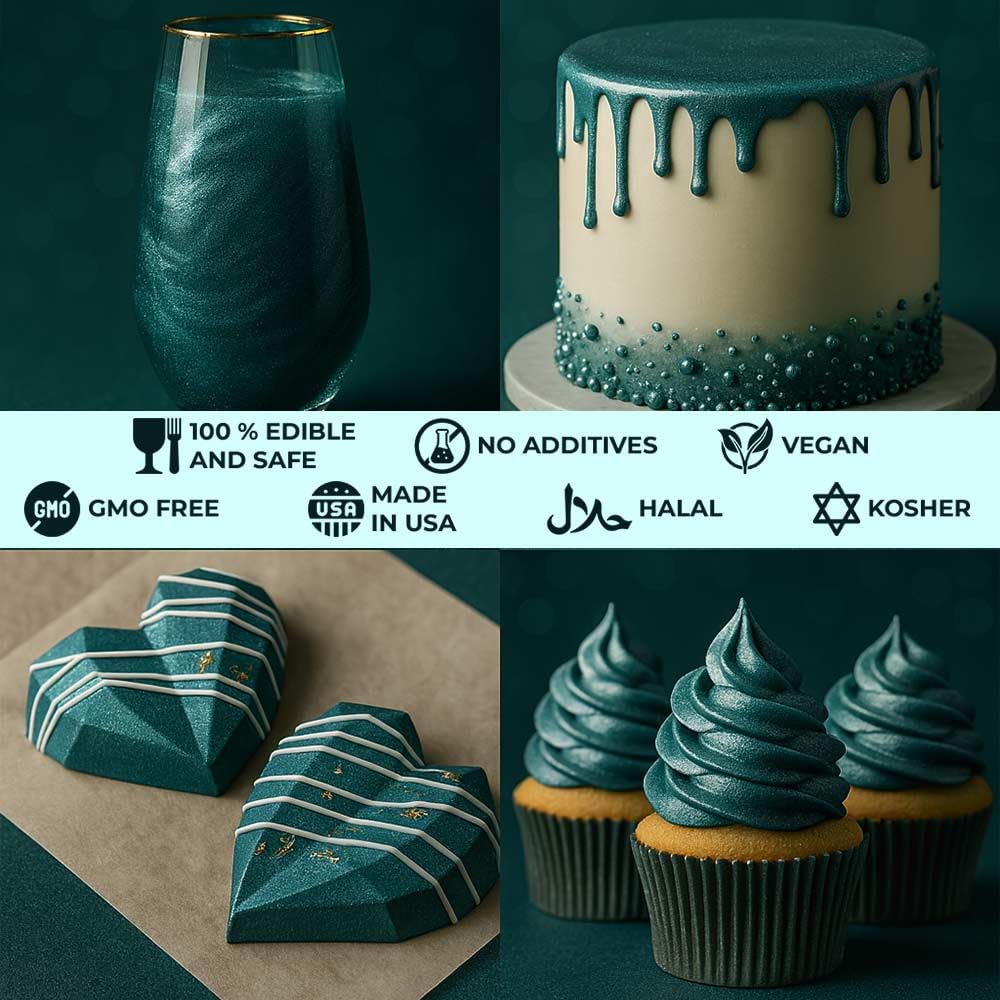 Bulk (20g) Green Luster Dust Edible Glitter for Cocktails, Premium Edible Metallic Dark Green Luster Dust for Drinks Cake Decorations Green Edible Glitter for Drinks Cupcakes Cookies Cakes Food Paint