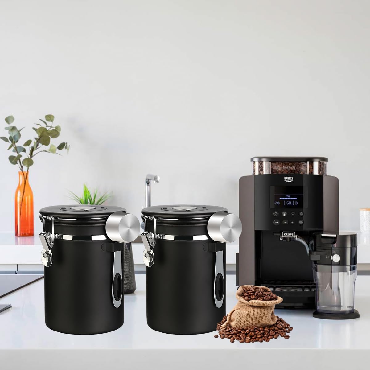 Coffee Canister Airtight Coffee Storage Container Stainless Steel Air Tight Coffee Jar with Scoop, Date Tracker and CO2 Release Valve for Beans, Ground, Tea, Flour, Cereal and Sugar (2pcs-Black-1.8L)