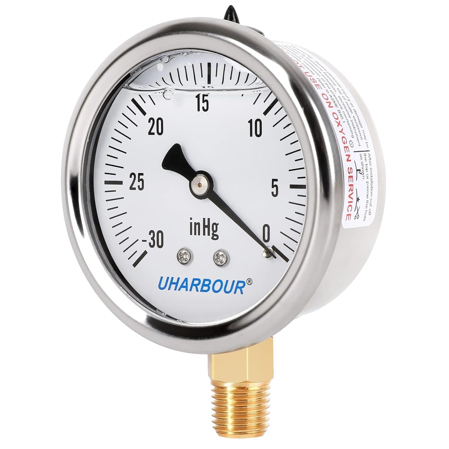 Glycerin Filled Pressure Gauge with 304 Stainless Steel Case, 2.5" Dial Size, 30InHg/0, High Accuracy, 1/4" NPT Center Lower Mount with Single Scale…