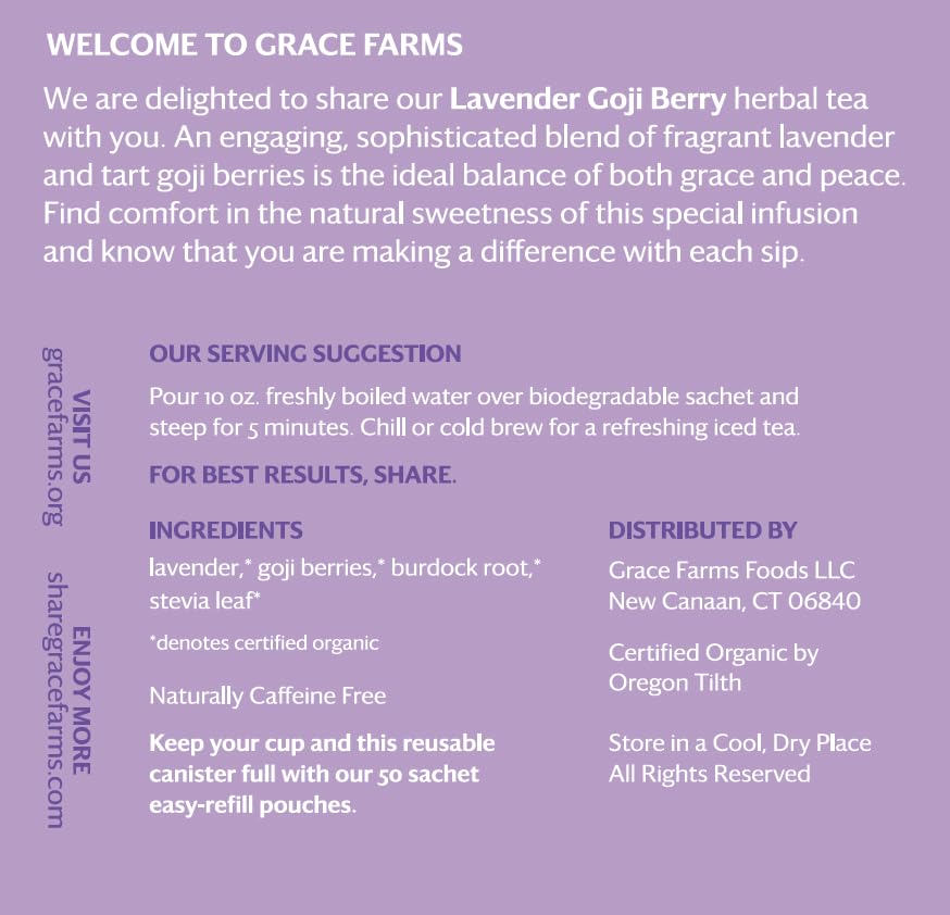 Grace Farms LAVENDER GOJI BERRY Herbal Tea (16 Pyramid Sachets) | Naturally Sweet, Stress Relieving and Caffeine Free | Organic and Kosher Certified | Gives Back 100% of Profits