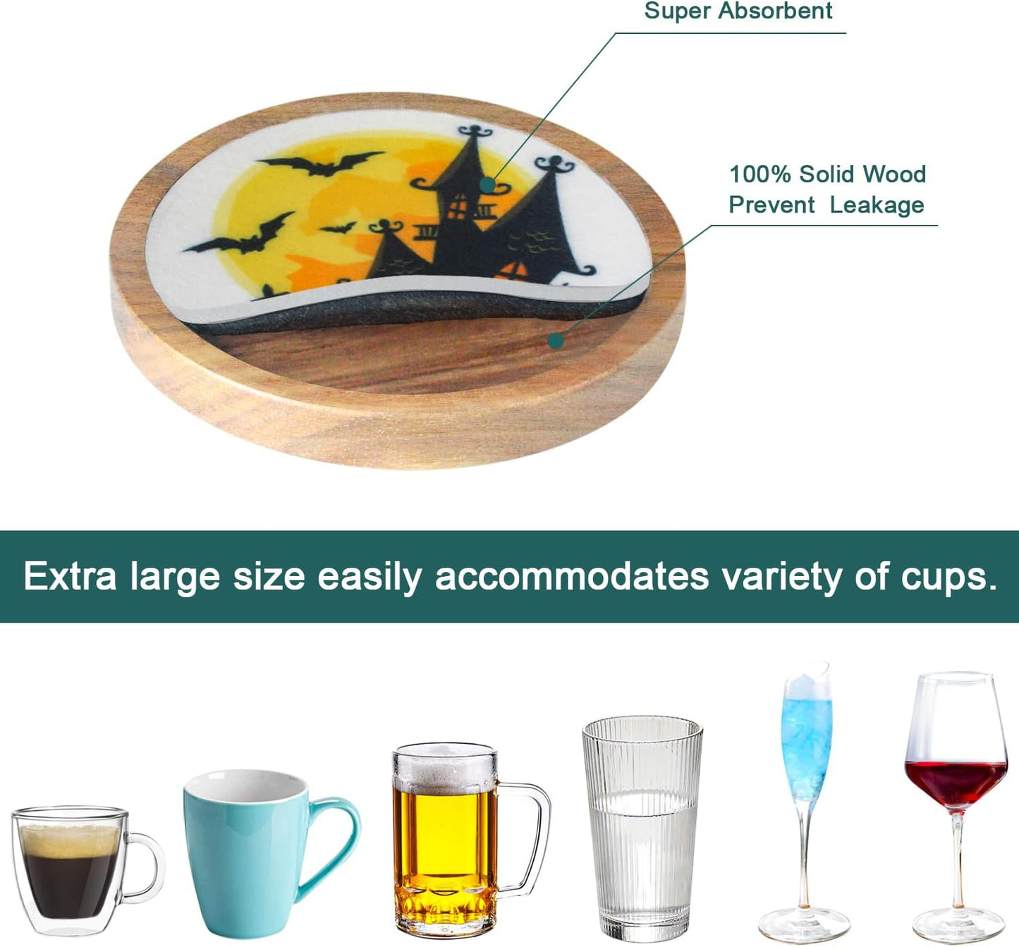 Halloween Coasters Set of 6, Unique Coaster, Minacun Absorbent Coasters with Holder Halloween Thanksgiving Themed Party Decoration 4.3 Inch