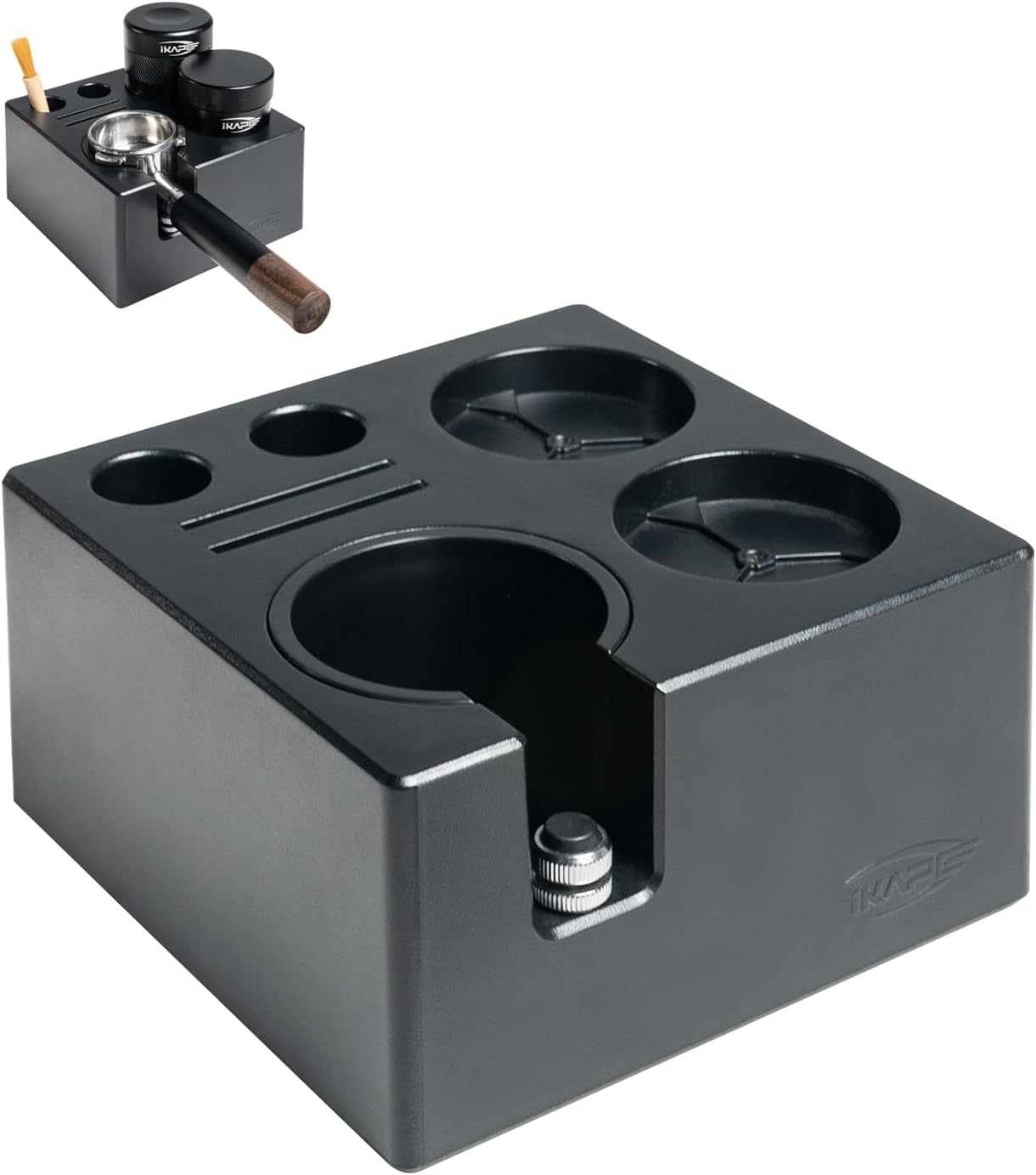 IKAPE ABS Espresso Knock Box, 7 in 1 Coffee Organizer Box Fit for Storage 51, 54, 58MM Espresso Tamper, Distributor, Portafilter & Puck Screen Accessories(Black)