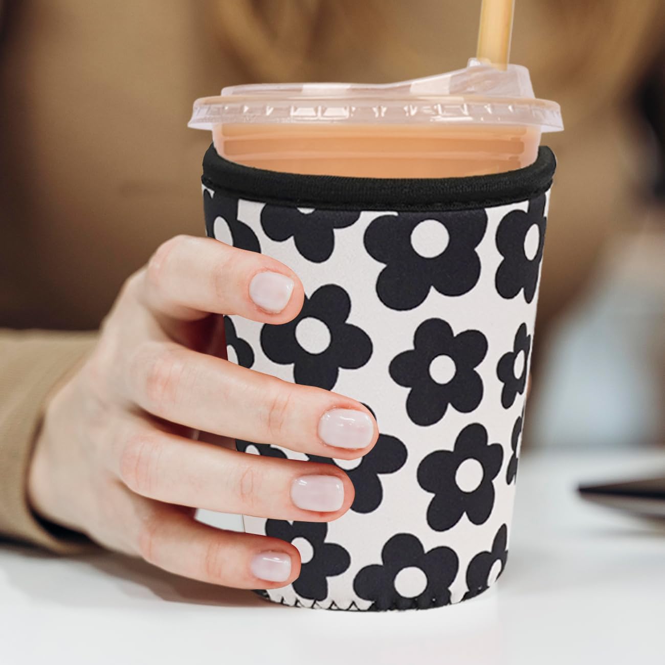 Reusable Insulated Neoprene Iced Coffee Cup Sleeve, Durable Drink Sleeve for Cold Beverages, Beverage Holder for Iced Coffee, Black Flowers