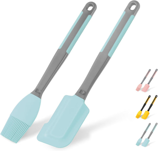 Silicone Basting Brush & Spatula - Extra Long, Heat Resistant, for Baking, Scraping, Mixing, BBQ, Grill, Kitchen, Cooking, Spread Oil, Butter, Sauce (Blue Brush & Spatula)