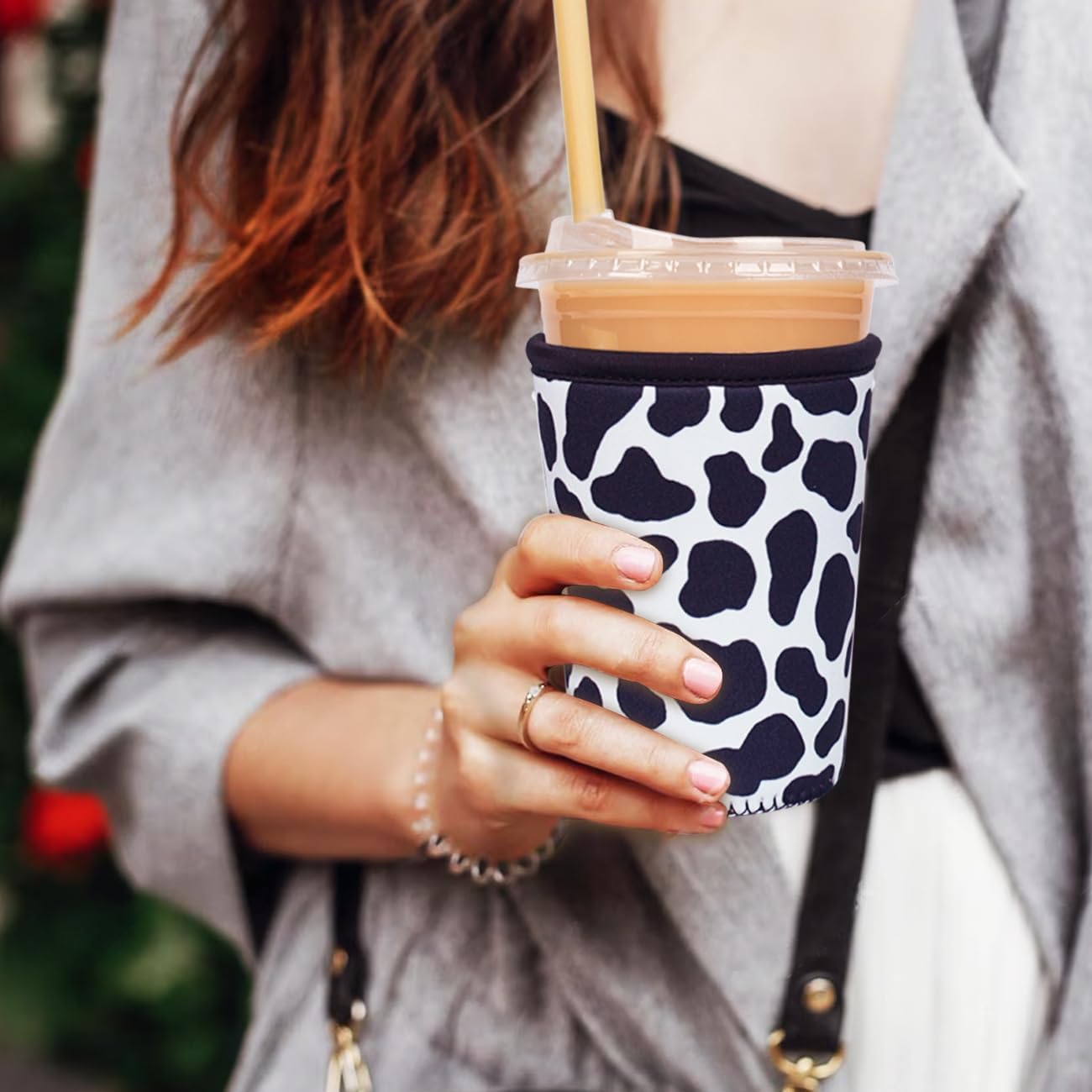 Reusable Insulated Neoprene Iced Coffee Cup Sleeve, Durable Drink Sleeve for Cold Beverages, Beverage Holder for Iced Coffee, Cowprint Chic