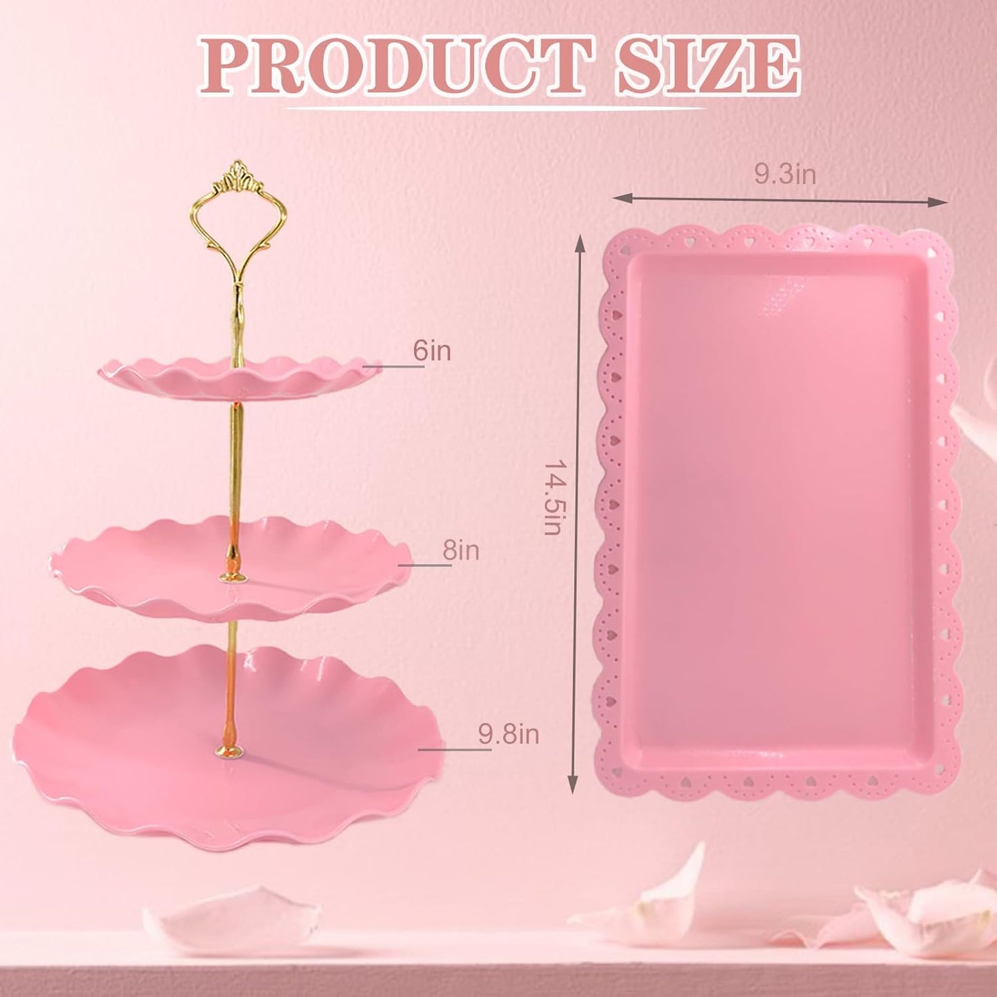 5 Pcs Dessert Table Display Set, Pink Plastic 2 Pcs Round 3 Tier Cupcake Stand Cup Cake Tower Stand with Metal Rod & 3 Pcs Serving Tray for Baby Shower, Tea Party, Wedding, Birthday Party
