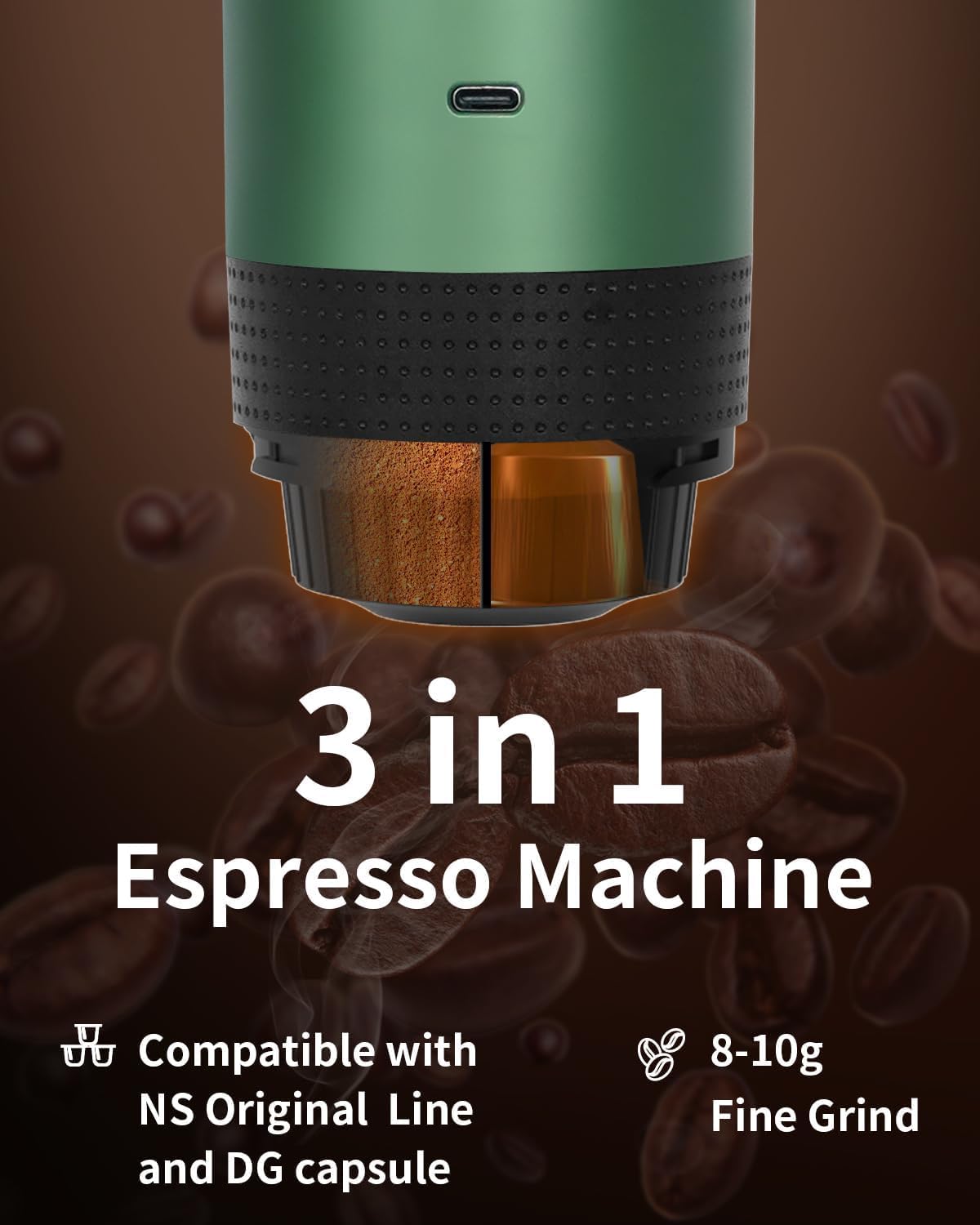 Portable Electric Espresso Machine, Car Coffee Maker for Travel Camping, Battery Powered Coffee Brewer Compatible with Ground Coffee & NS Capsules, Green