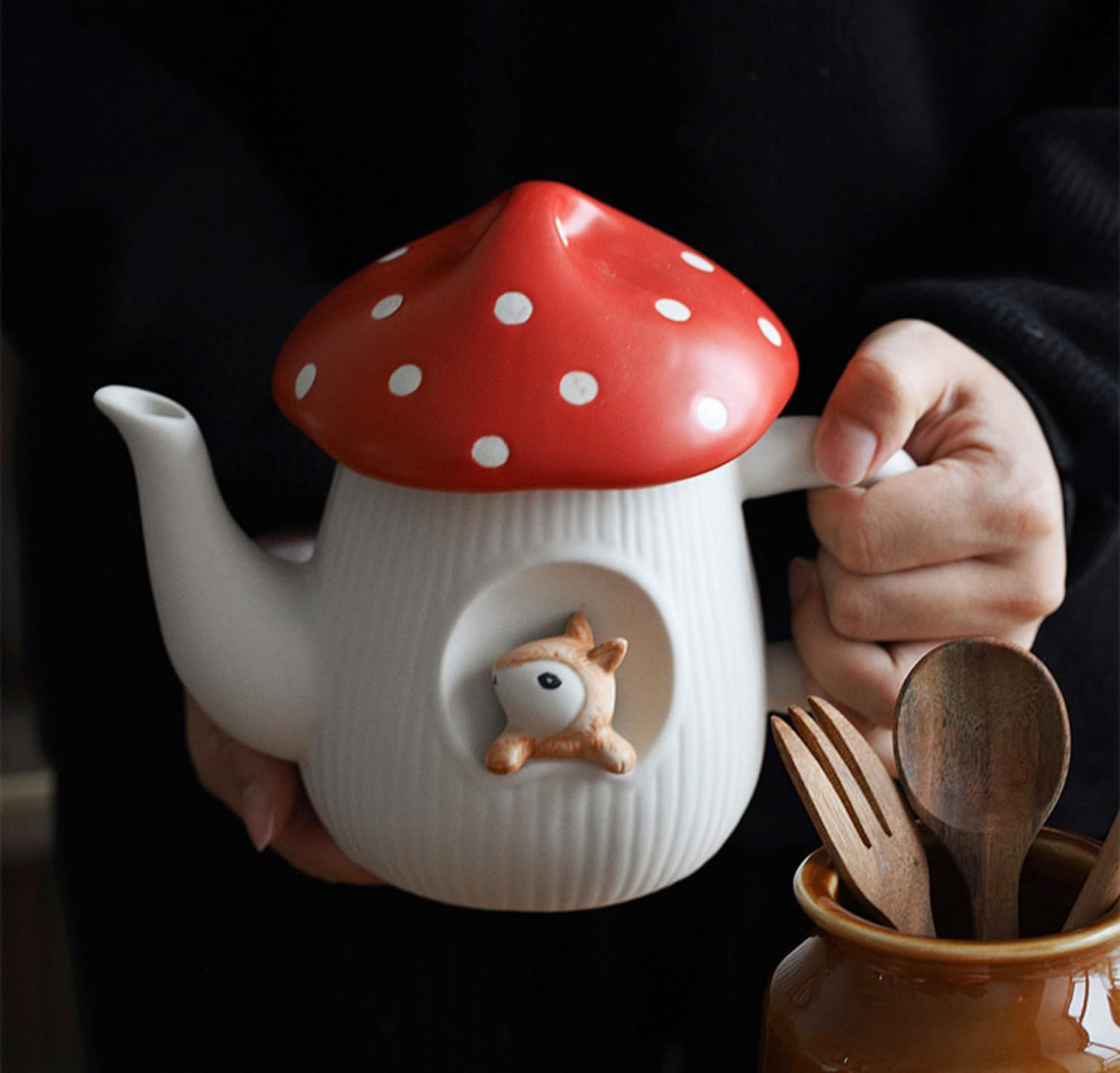 Cute Mushroom Teapot, Handmade Glaze Polka Dot Lid, Safety Matt Ceramic Tea Pot, With squirrel decoration. 23 oz / 680 ml. Best Gifts for Women & Girls.