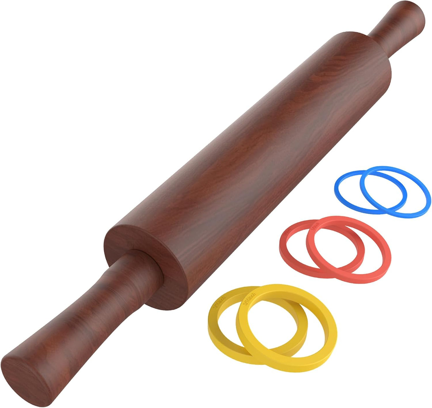 Classic Wooden Rolling Pin with Handle for Fondant, Pizza, Pies, Cookies, Pastries, Rolling Pin for Baking with 3 Multi-Color Thickness Rings, 17" x 2.5" (Include handle) Sapele Rolling Pin
