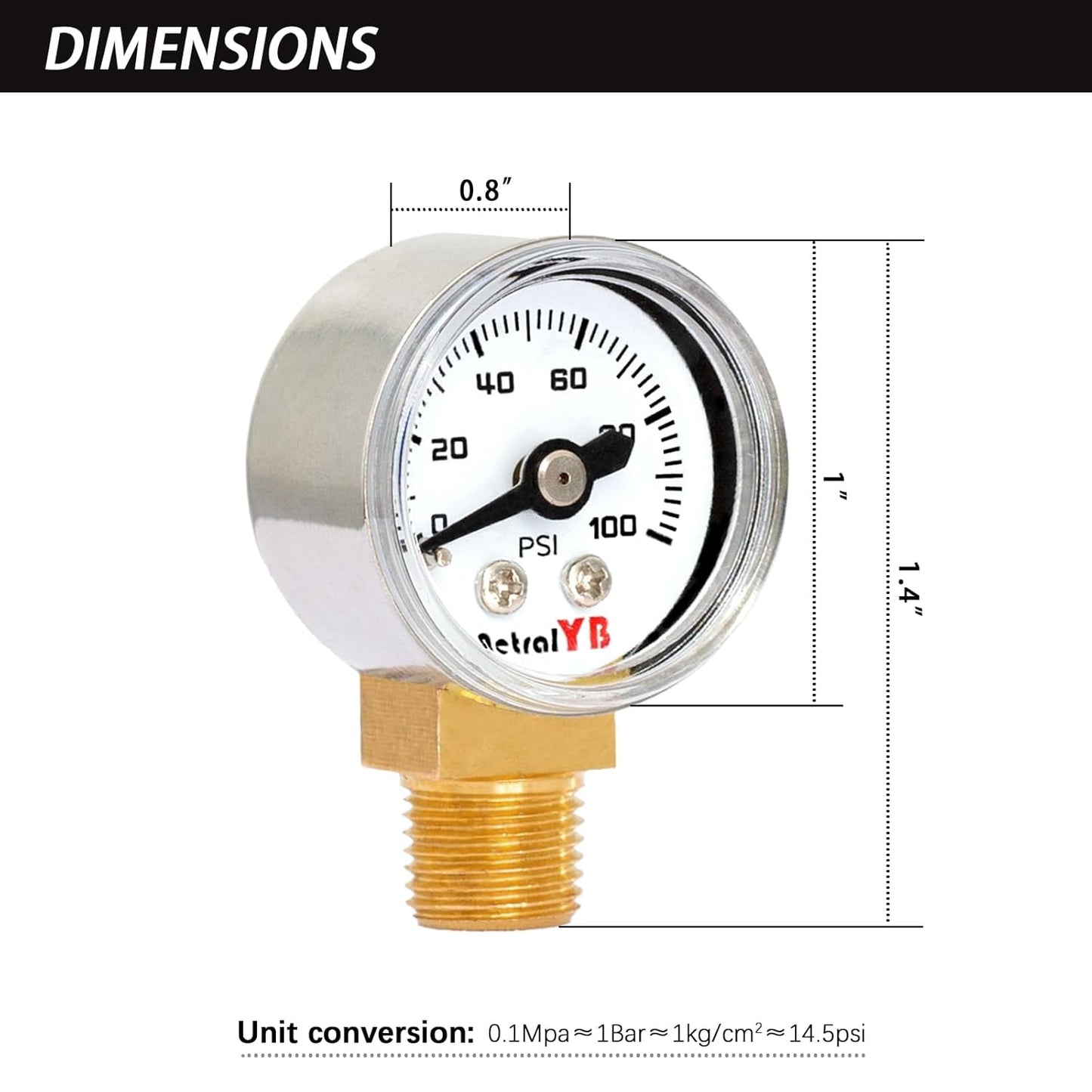 1 Inch Mini Pressure Gauge, 0-100 PSI Gauge, 1/8” NPT Lower Mount, Stainless Steel Case, Brass Internal, ±2.5% Accuracy, Pressure Gauge for Coffee Machines, Air Compressors, and Water Pumps