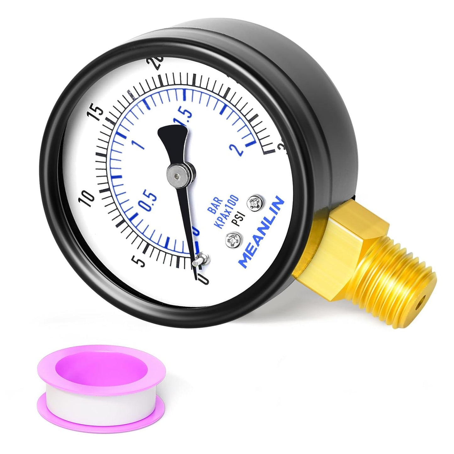 MEANLIN MEASURE 0-30Psi Well Pump Pressure Gauge 1/4" NPT 2" FACE DIAL for Pool Sand Filter Water Oil Air Pressure Test Lower Mount, with Teflon Tape