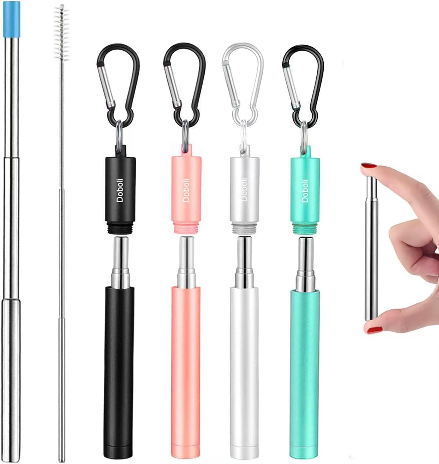 4 Pack Reusable Metal Straws Collapsible Stainless Steel Drinking Straw Travel Portable Telescopic Straw with Case for Cruise Ship Essentials Black-Rose Gold-Silver-Turquoise