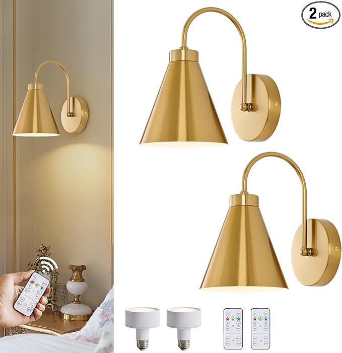 Powfloven Vintage Rechargeable Wall Sconces Set of 2, Wireless Gooseneck Indoor by Powfloven