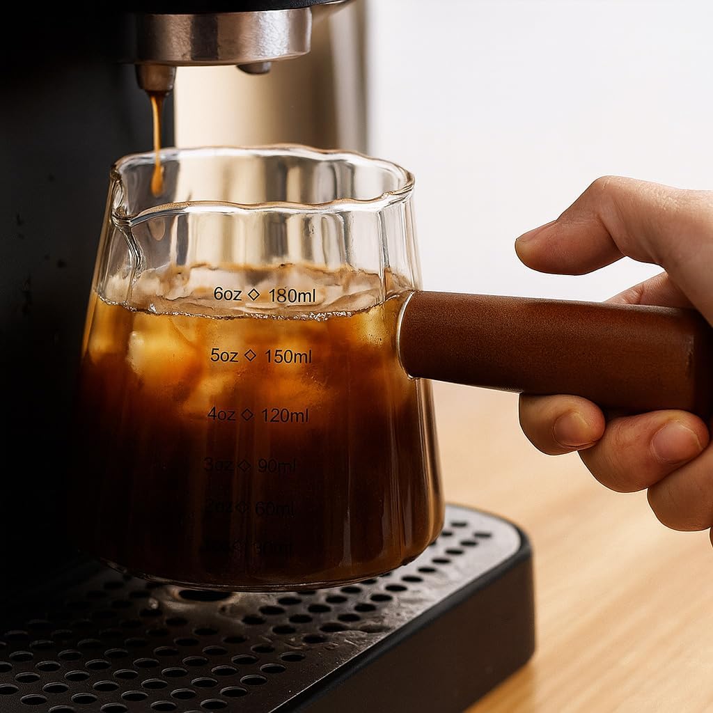 Espresso Cups 6oz/180ml Measuring Cups Glass Espresso Shot Cups Ribbed Espresso Shot Glass with Wooden Handle,Coffee Bar Accessories Milk Frothing Pitcher