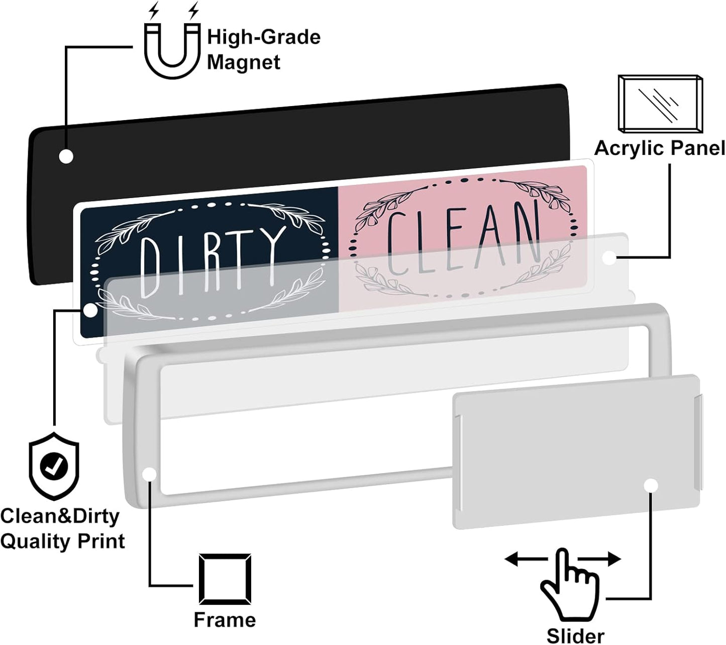 KitchenTour Clean Dirty Magnet for Dishwasher Upgrade Super Strong Magnet - Easy to Read Non-Scratch Magnetic Silver Indicator Sign with Clear, Bold & Colored Text, Pink