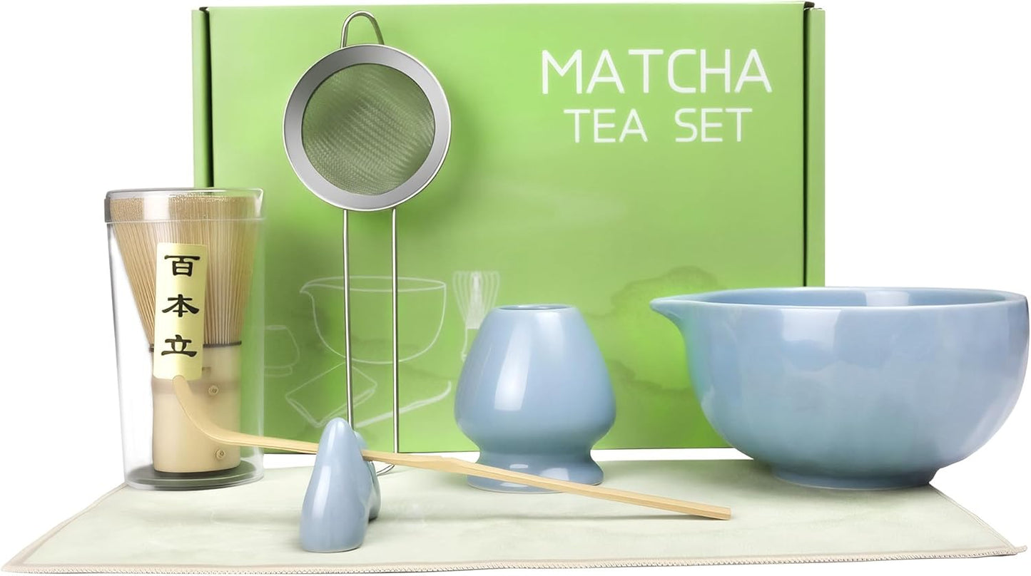 7-Pcs Matcha Whisk Set - Ceramic Matcha Set Includes Bowl,Whisk,Holder,Bamboo Scoop,Scoop Rest,Sifter & Tea Towel – Japanese Traditional Tea Kit for Beginners & Tea Lovers (Blue)