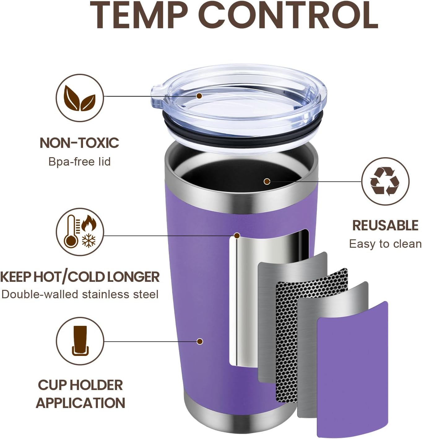 MEWAY 20oz Tumbler 4 Pack Double Wall Vacuum Insulated Travel Mug Bulk, Stainless Steel Tumblers with Lid and Straw, Durable Powder Coated Coffee Cups for Cold & Hot Drinks (Purple, 4)