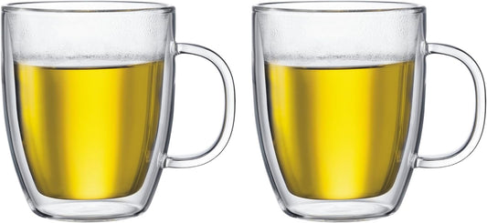 Bodum 15oz Bistro Double Wall Insulated Mug, High-Heat Borosilicate Glass, Set of 2, Clear