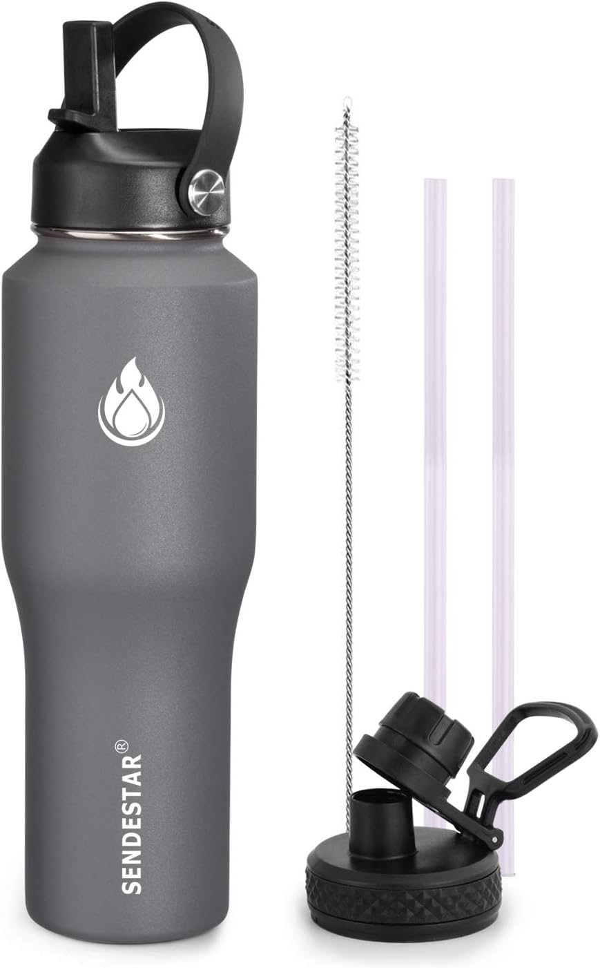 SENDESTAR Water Bottle 32oz,2 Lids(Straw lid),Wide Mouth Stainless Steel Vacuum Insulated Double Wall Keep Liquids Cold or Hot All Day,Sweat Proof Sport Design,Fit Car Cup Holder(Gray)