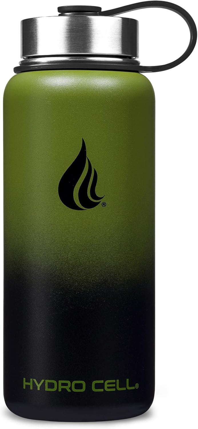 HYDRO CELL Stainless Steel Insulated Water Bottle with Straw - For Cold & Hot Drinks - Metal Vacuum Flask with Screw Cap and Modern Leakproof Sport Thermos for Adults (Army/Black 32oz)