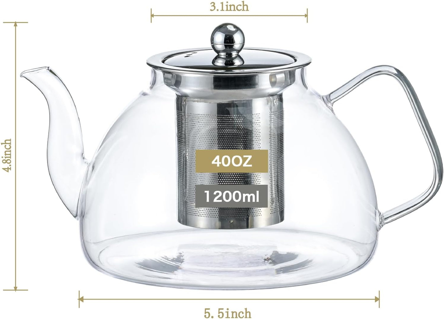 1200 ml/40 oz Glass Teapot with Infuser, Glass Tea Kettle Stovetop，Tea Pot with Infusers for Loose Tea, Tea Maker Gift