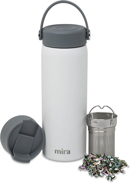 MIRA 18 oz Tea Infuser Thermos - Stainless Steel Travel Bottle with Removable Strainer for Loose Leaf Tea - Insulated Hot & Cold Brew Steeper - White