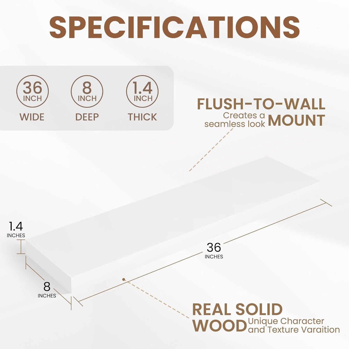 Fun Memories Rustic Real Wood Floating Shelves, 8 Inch Deep Floating Shelf Wall Mounted, 36" W x 8" D Wall Shelves Storage Shelves for Living Room, Bedroom, Bathroom, White Finish, Set of 2