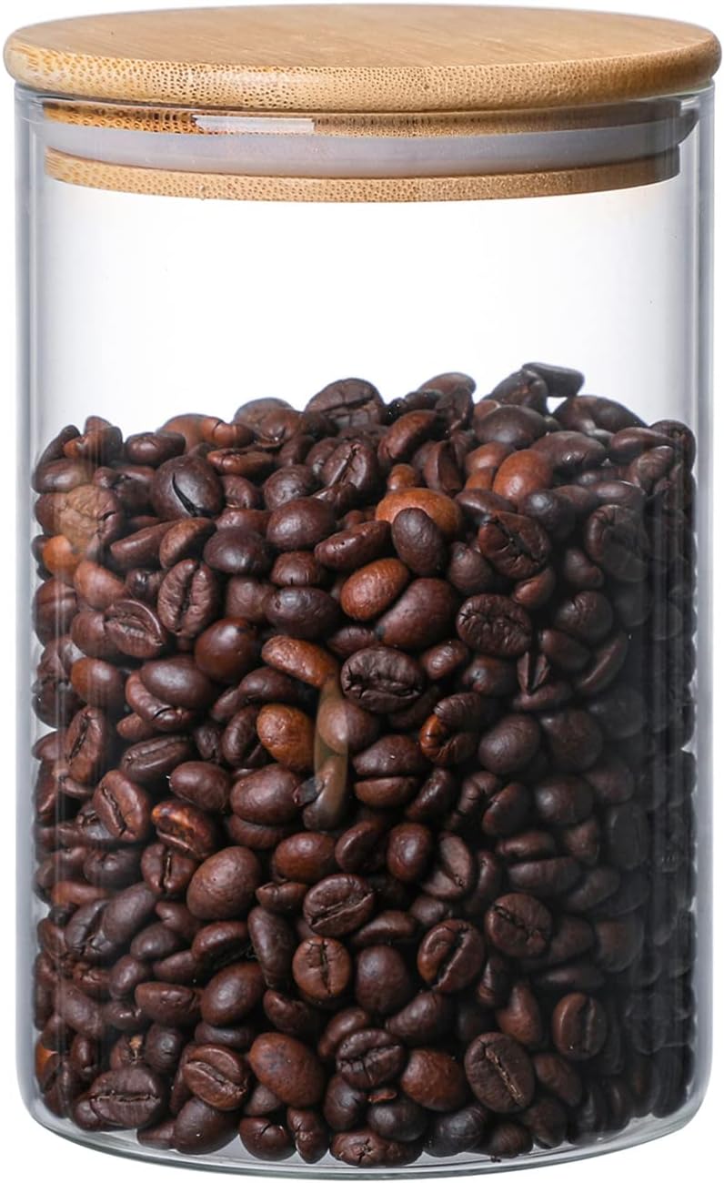 MOLFUJ 960 ML / 32 FL Oz Glass Storage Container with Wood Lid, Stackable Clear Decorative Organizer Bottle Canister Pantry Jar with Air Tight Wooden Lid for Food, Coffee, Candy, Sugar, Salt, Tea