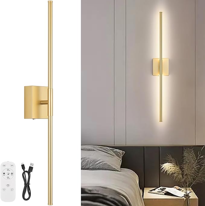 Battery Operated Wall Sconce, 3000K-6000K Dimmable Gold Wall Lights by JZEKVN