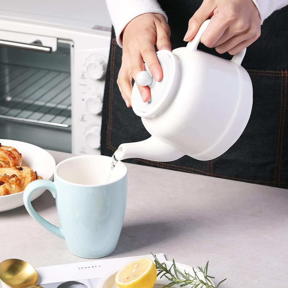 Sweejar 35 oz Porcelain Tea Pot, Teapot with Removable 18/8 Stainless Steel Infuser, Microwave & Dishwasher Safe Tea Maker, Tea Infuser Pots for Blooming loose Leaf Tea,Chrismas Women Gift(White)