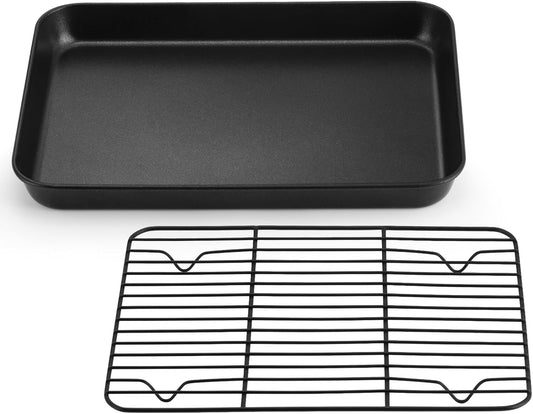 P&P CHEF Baking Oven Sheet Pan with Rack for Cookie, Nonstick Oven Tray and Cooling Rack for Baking & Roasting, Easy Clean, Black, 10.4 x 8 Inch