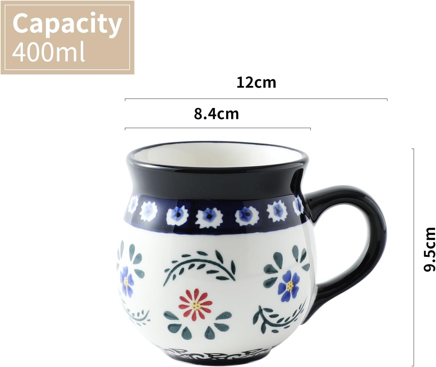 ALMA Handpainted Blue Coffee Mug,Potbelly Ceramic Coffee Mug, Premium Hand Warmer Tea Mug, Microwave & Dishwasher safe-12.85oz(380ml)