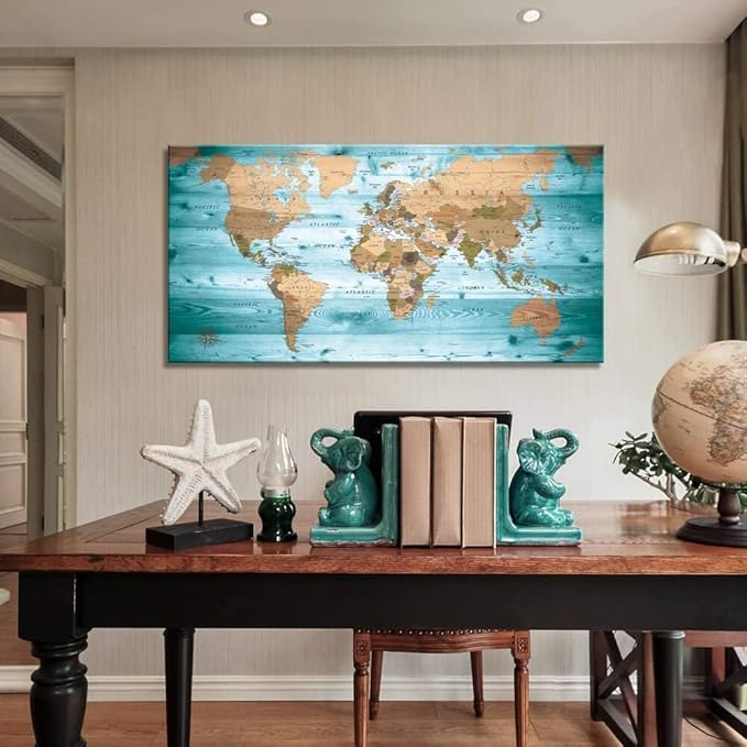 Large Wall Art Blue map of The World Painting Ready to Hang 24"x48"Large Framed - Image 3