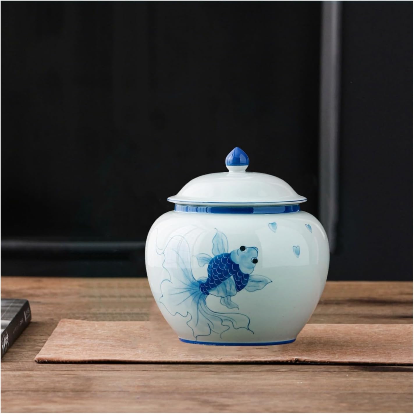5 inches Ginger jar Lid - blue fish decorative Ceramic Ginger jar vase with Lid， chinoiserie gift koi decor small jars for Home decor/jewelry/Tea/coffee beans/Storage