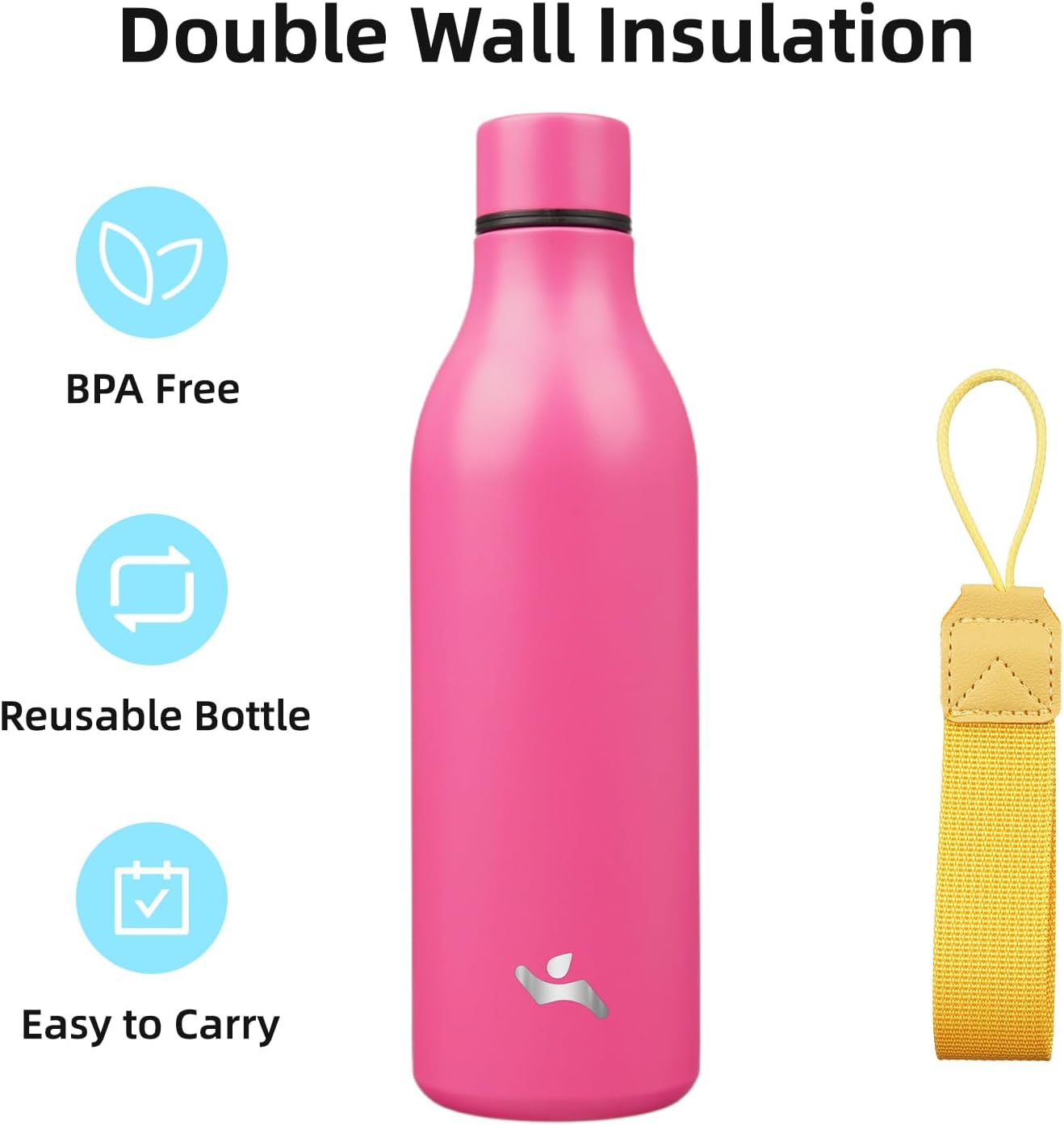 Insulated Water Bottle with Strap,25 oz Double Wall Stainless Steel Vacuum Bottles Metal Water Flask,Pink