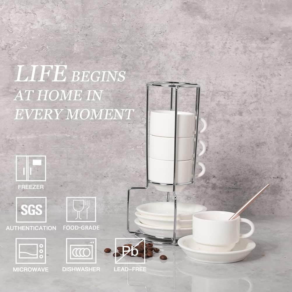 Sweejar Porcelain Espresso Cups with Saucers, 2.5 Ounce Stackable Cappuccino Cups with Metal Stand for Coffee Drinks, Latte, Tea - Set of 4 (White)