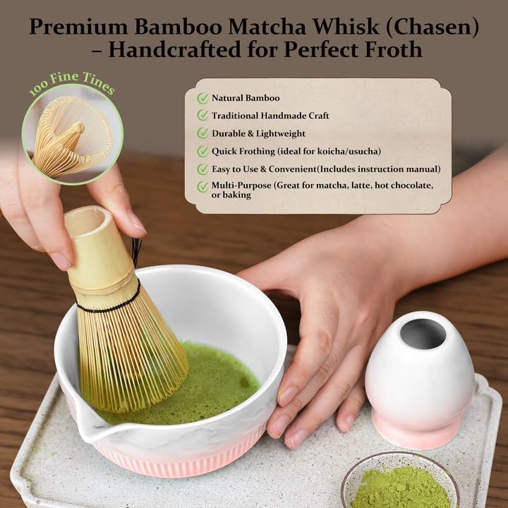 Matcha Whisk Set 7 PCS Pink Matcha Whisk Set Japanese Matcha Tea Set with Ceramic Bowl Bamboo Chasen Whisk Holder Spoon Stainless Steel Strainer Matcha Kit for Matcha Lovers
