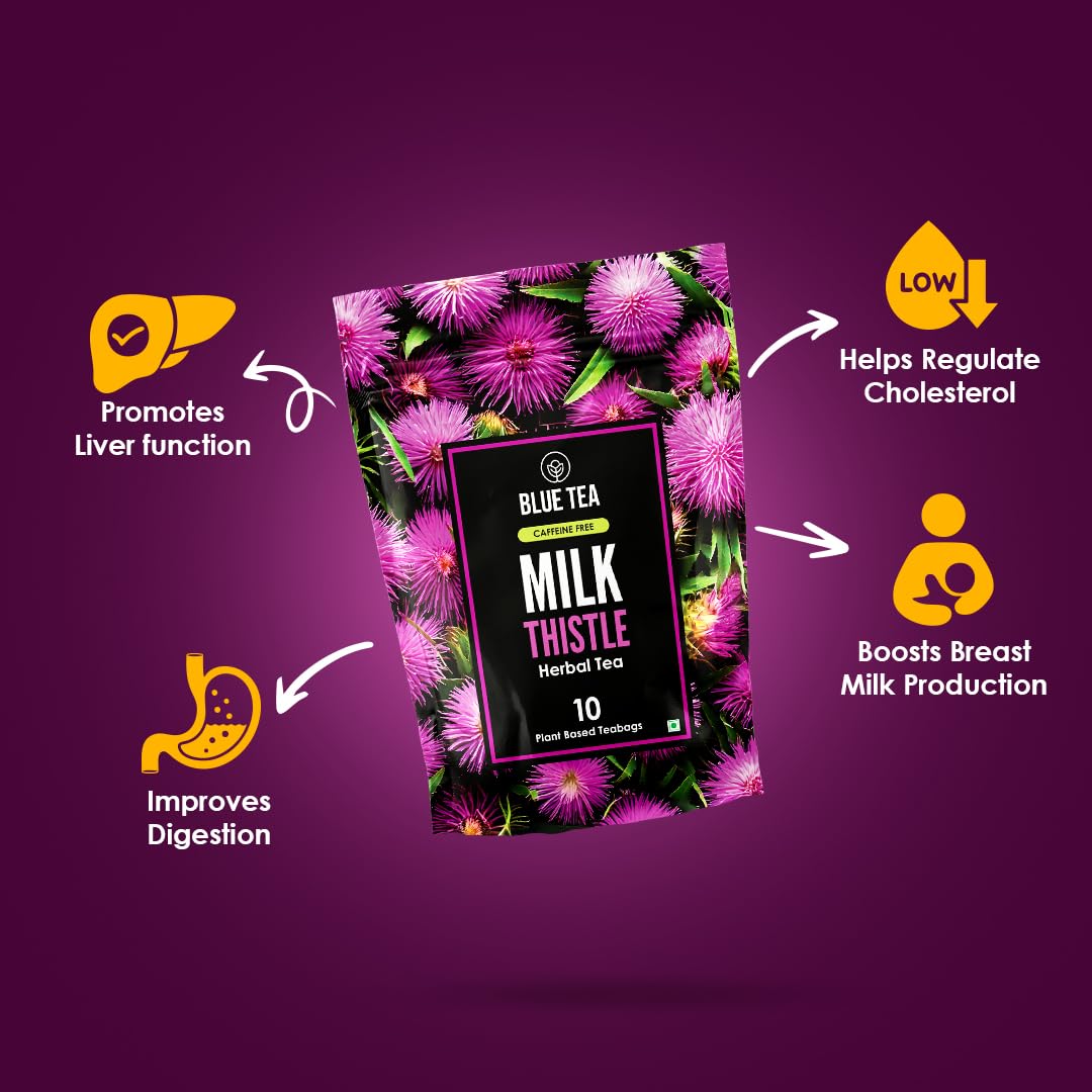 BLUE TEA - Milk Thistle Tea - 10 Count - Pyramid Plant Based Tea Bag | Liver Cleaning and Immune Support | Milk Thistle Seeds - Caffeine Free - Herbal Tea - Non Bitter | Zipper Pack