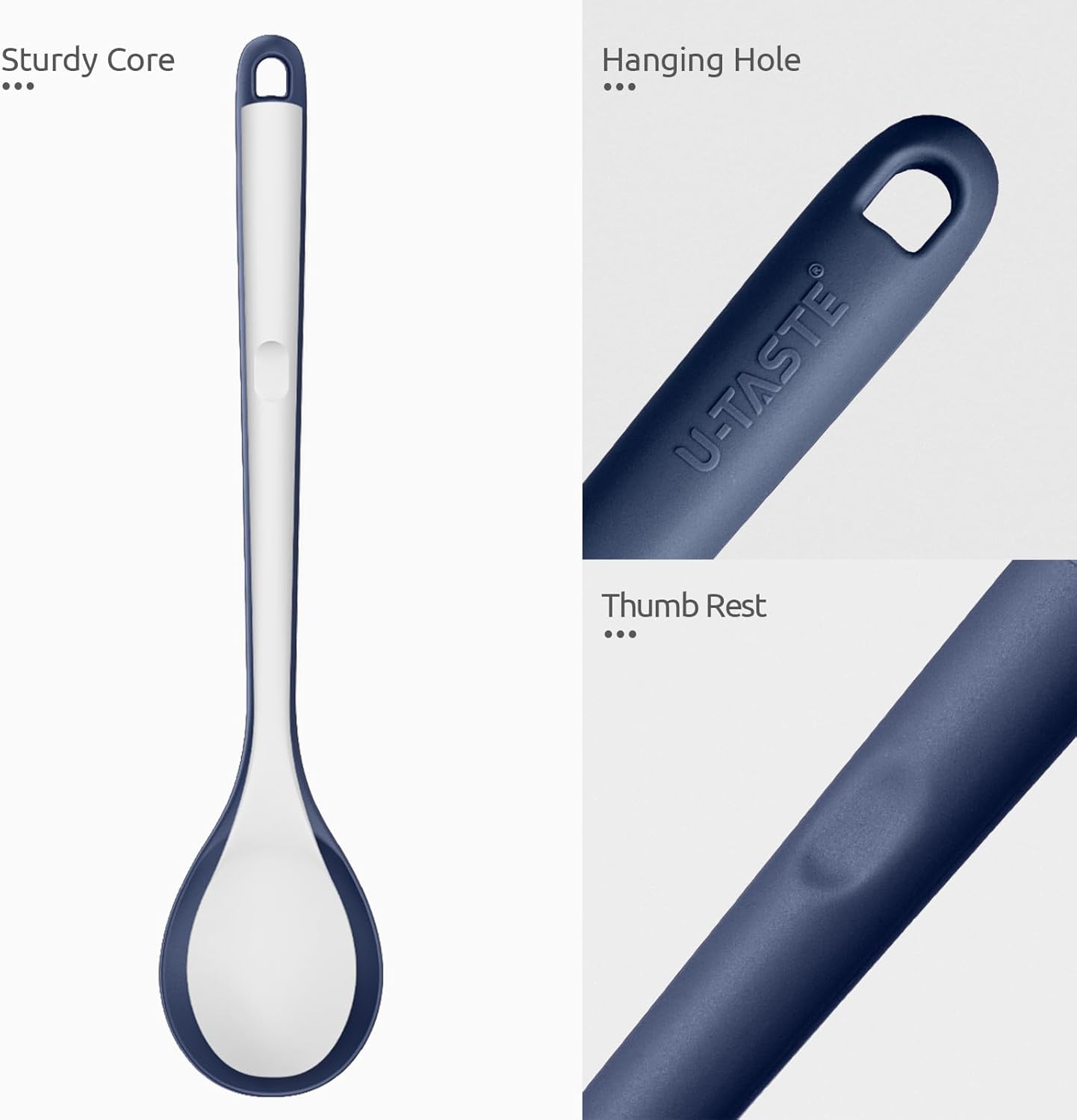 600ºF Heat Resistant Silicone Spoons: U-Taste 13.3in Solid & Slotted Kitchen Cooking Spoon, Nonstick Long Rubber Utensil, Sturdy for Mixing, Serving, Stirring, Draining (Midnight Blue, 2PCS)