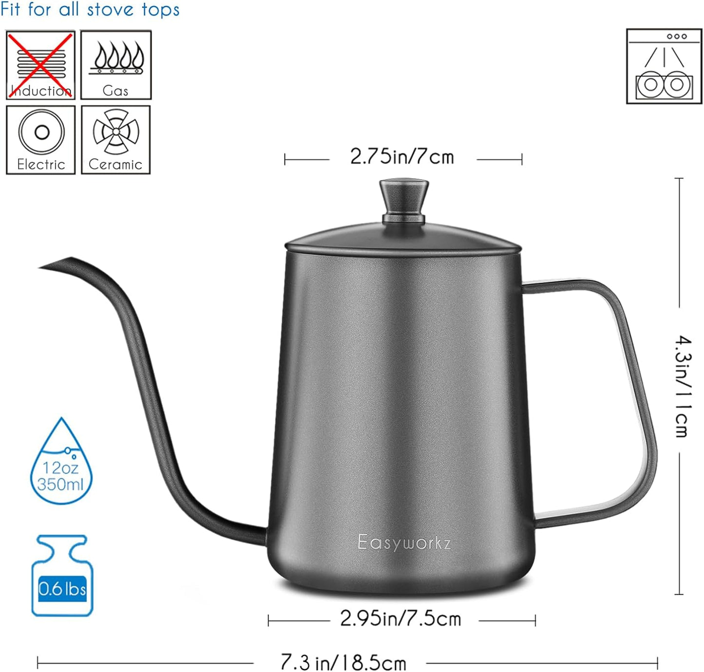 Easyworkz Gage Gooseneck Pour Over Coffee Kettle 12 oz Stainless Steel Hand Drip Coffee Pot With Long Narrow Spout