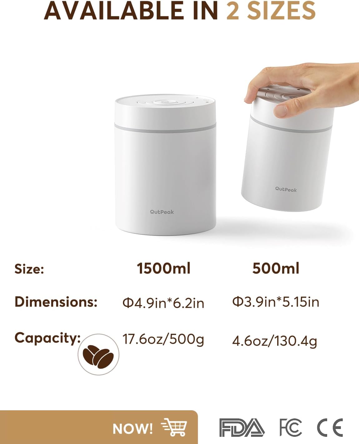 OUTPEAK Neo 2025 Auto Vacuum Coffee Canister, 0.5L for 4.6oz Coffee Beans, One-Button Operation, Small Airtight Coffee Canister with Scoop, Coffee Storage Container Stainless Steel (Champion's Choice)