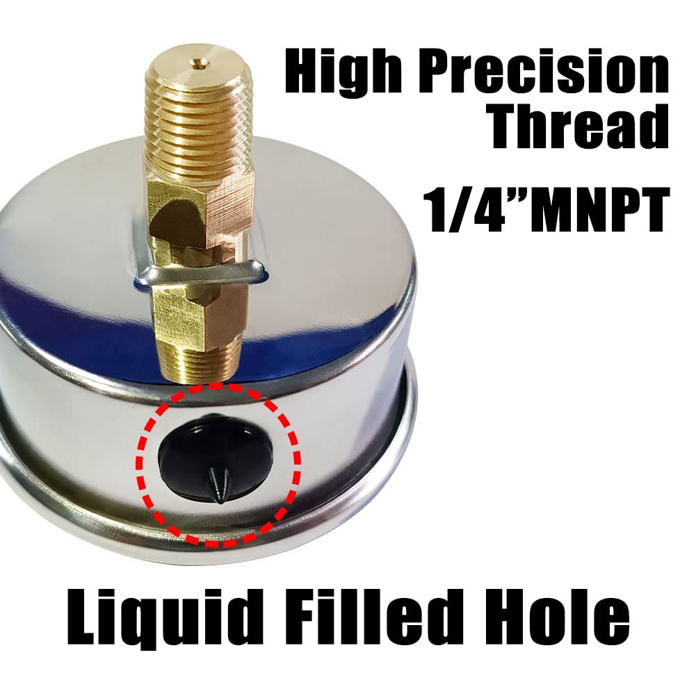 Pressure Gauge 1/4" NPT 0-100Psi Glycerin Filled 2 1/2 inch Dial 304 Stainless Steel Case Center Back Mount